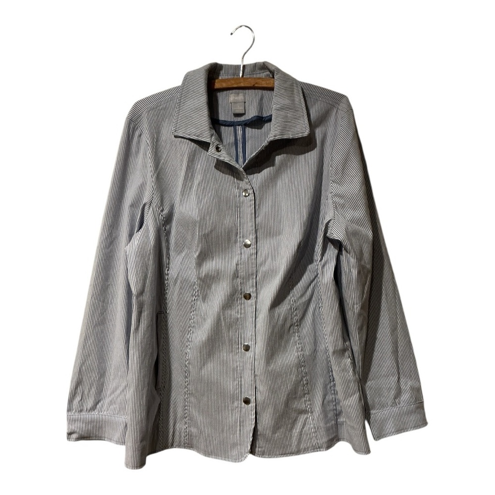 Chico's Women's Striped Button Front Blazer Jacket Size 3 (16/18)- Gray